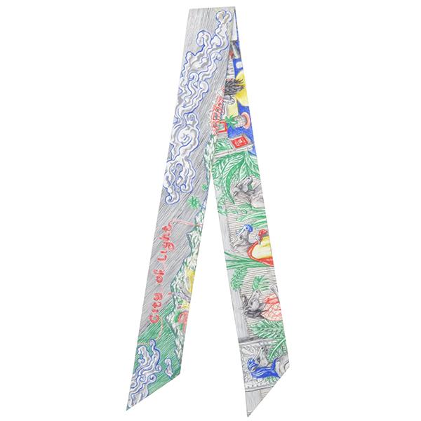 エルメス スカーフ ツイリー ツイリー シルク グレー グリーン×グレー×マルチカラー 新品 未使用 【/シティー オブ ライト】_1