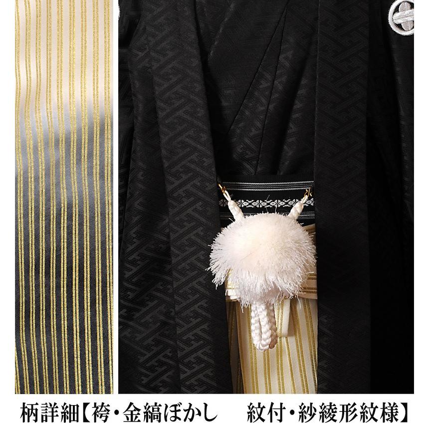紋付袴 レンタル8AF10 紋付き 羽織袴レンタル 男性 紳士 着物 結婚式 卒業式 男袴 貸衣装 6号 173cm〜177cm位まで 黒 金縞袴 グラデーション 爆買の画像
