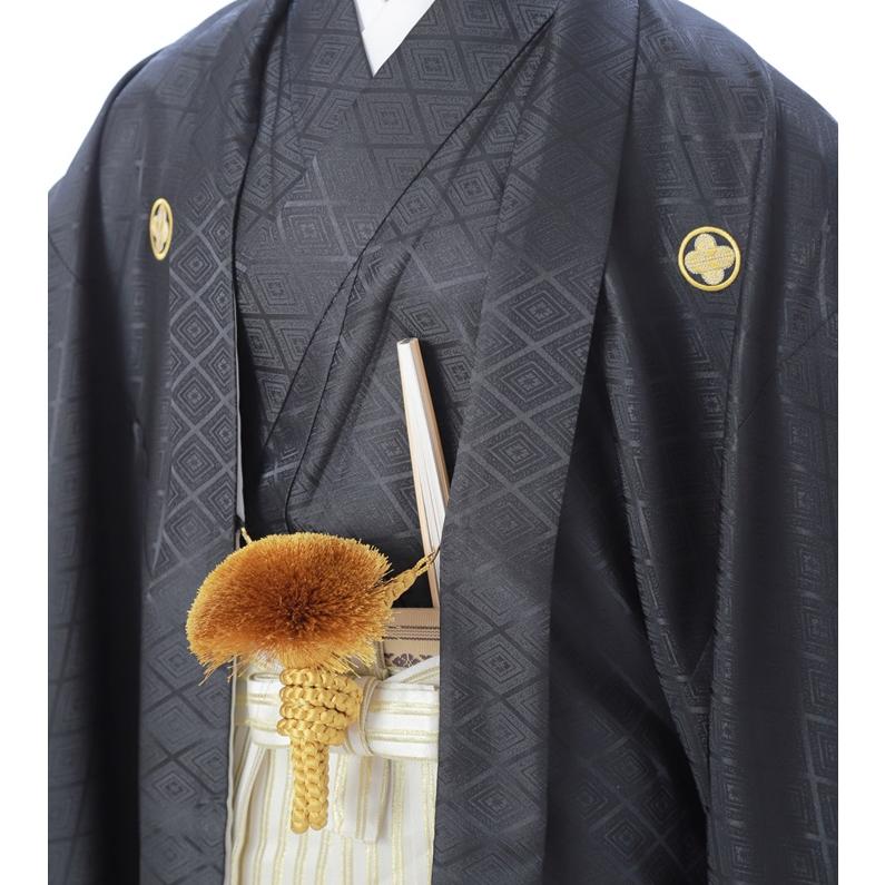 羽織袴 レンタル8AF34 紋付袴レンタル 男性 紳士 男 着物レンタル 着物 結婚式 卒業式 男袴 貸衣装 金黒袴 黒着物 168ｃｍ〜172ｃｍ位まで 爆買の画像