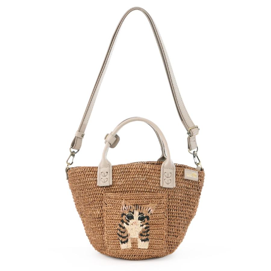 【イビサ公式】ラフィアバッグ 2way ショルダー ネコ かご バッグ S サイズ  斜めがけ ナチュラル ねこ 刺繍 軽い 夏コーデ レディースの画像