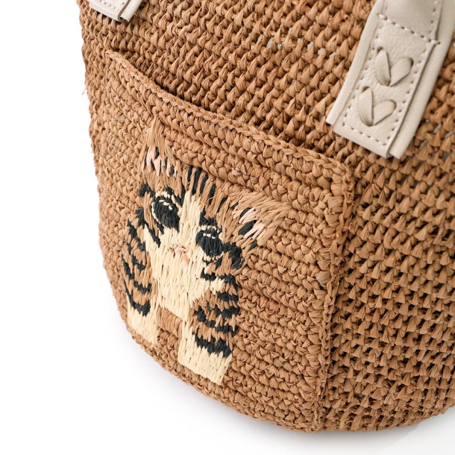 【イビサ公式】ラフィアバッグ 2way ショルダー ネコ かご バッグ S サイズ  斜めがけ ナチュラル ねこ 刺繍 軽い 夏コーデ レディースの画像