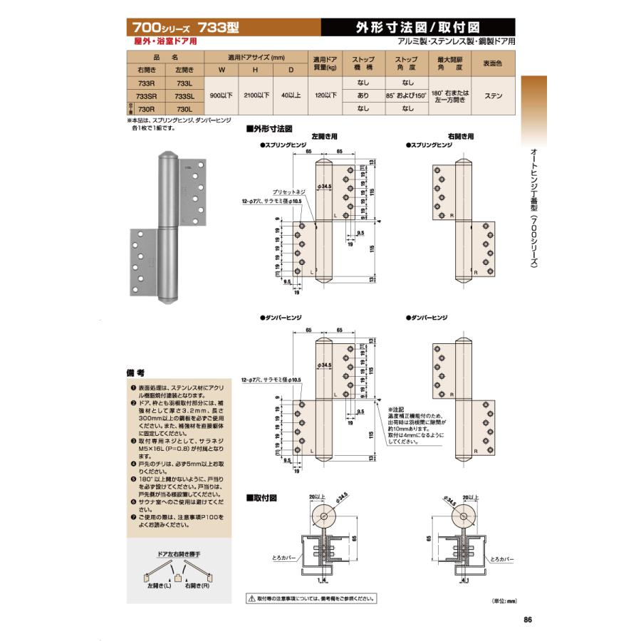 日東工器 オートヒンジ（丁番型） 733R / 733L ステン 【ストップ無し