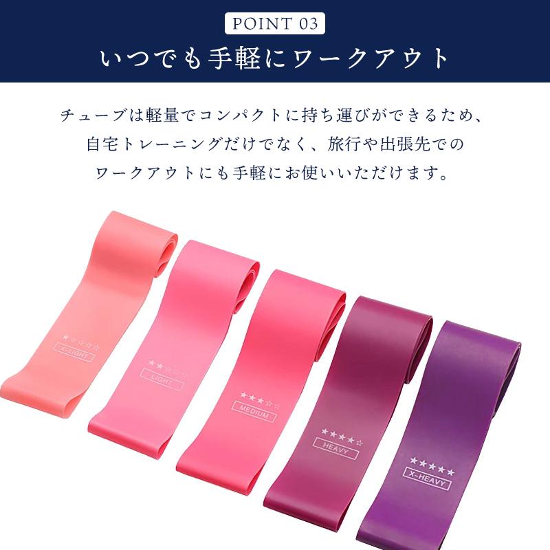 トレーニングチューブ お家時間 隙間時間 軽い ビビットカラー かわいい トレーニングチューブ 強度別5本セット エクササイズバンド ゴム
