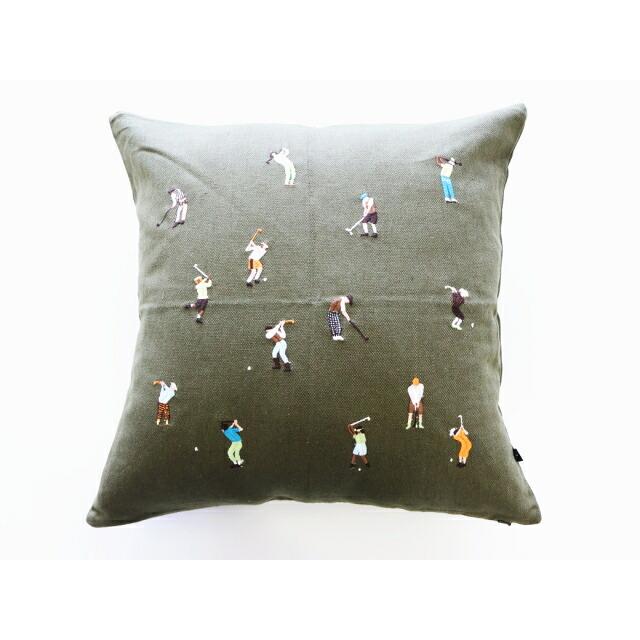 クッションカバー ゴルファー ゴルフ 刺繍 48X48 中綿別売 50x50 ファインリトルデイ 北欧 おしゃれ かわいい 高級感 麻 オリーブ グリーン ユニーク | 