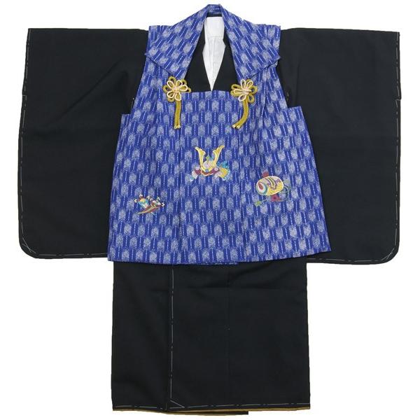 男の子用被布セット3才から4才用　黒色着物/青色被布　兜刺繍柄　仕立て上がり品　ポリエステル