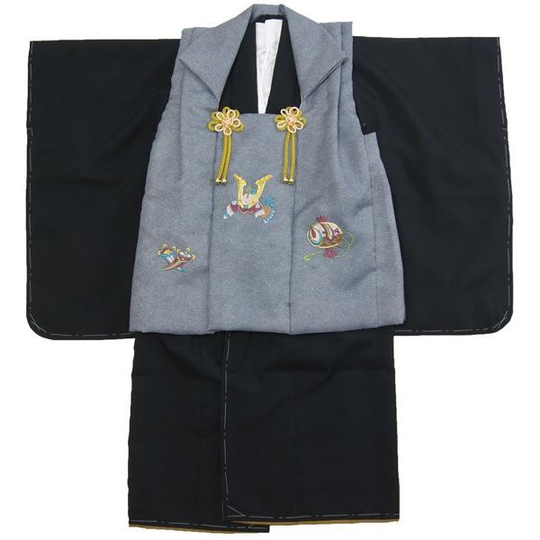 男の子用被布セット3才から4才用　黒色着物/灰色被布　兜刺繍柄　仕立て上がり品　ポリエステル