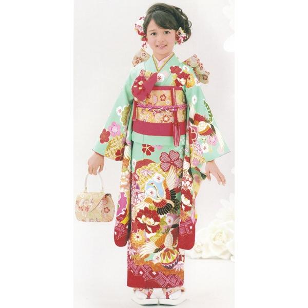 七五三着物　女の子四ッ身 七歳　びゃくぐん(ミントグリーン)色　花柄　ポリエステル　子供着物　日本製