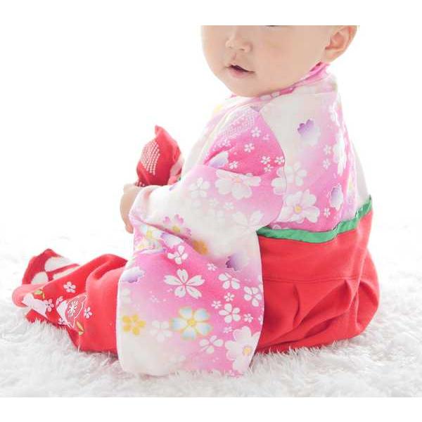 赤ちゃん着物風袴ロンパース赤 女の子80・90cm 肩から股まで全開可能 