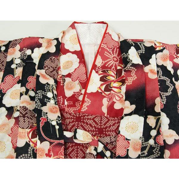 子供着物 アンサンブルセット花柄 黒色羽織/赤色着物 9〜10才用 洗える