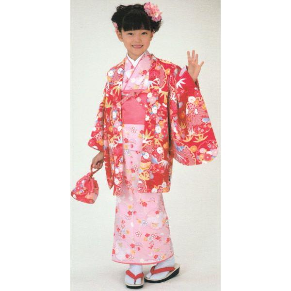 子供着物 アンサンブルセット花柄 赤の花柄羽織/ピンク花柄着物 7〜8才