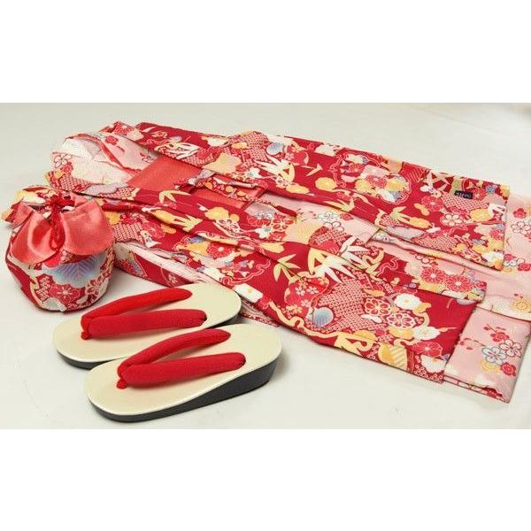 子供着物アンサンブル花柄 赤の花柄羽織/ピンク花柄着物 3〜4才用 洗えるポリエステル 着物、羽織、襦袢、帯、草履、巾着の仕立て上がりセット