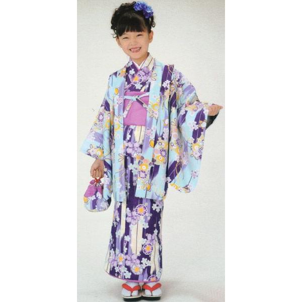 子供着物アンサンブル花柄 水色柄羽織/紫花柄着物 3〜4才用 洗える
