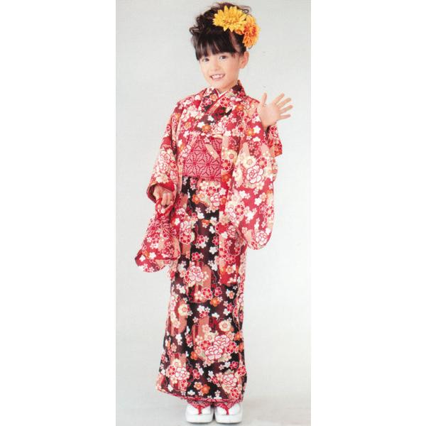 子供着物 アンサンブル 朱系羽織/黒色着物 5〜6才用 洗える
