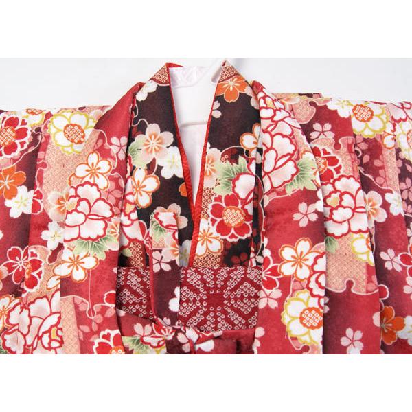 子供着物アンサンブル花柄 朱系羽織/黒色着物 3〜4才用 洗える