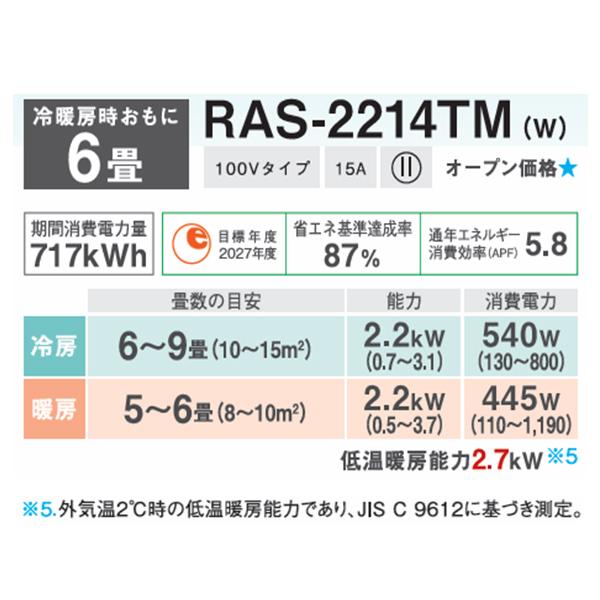 TOSHIBA エアコン 6畳 東芝 「RAS-2214TM」 2.2kW (100V・15A TOSHIBA エアコン 6畳 東芝 「RAS-2214TM」 2.2kW (100V・15A