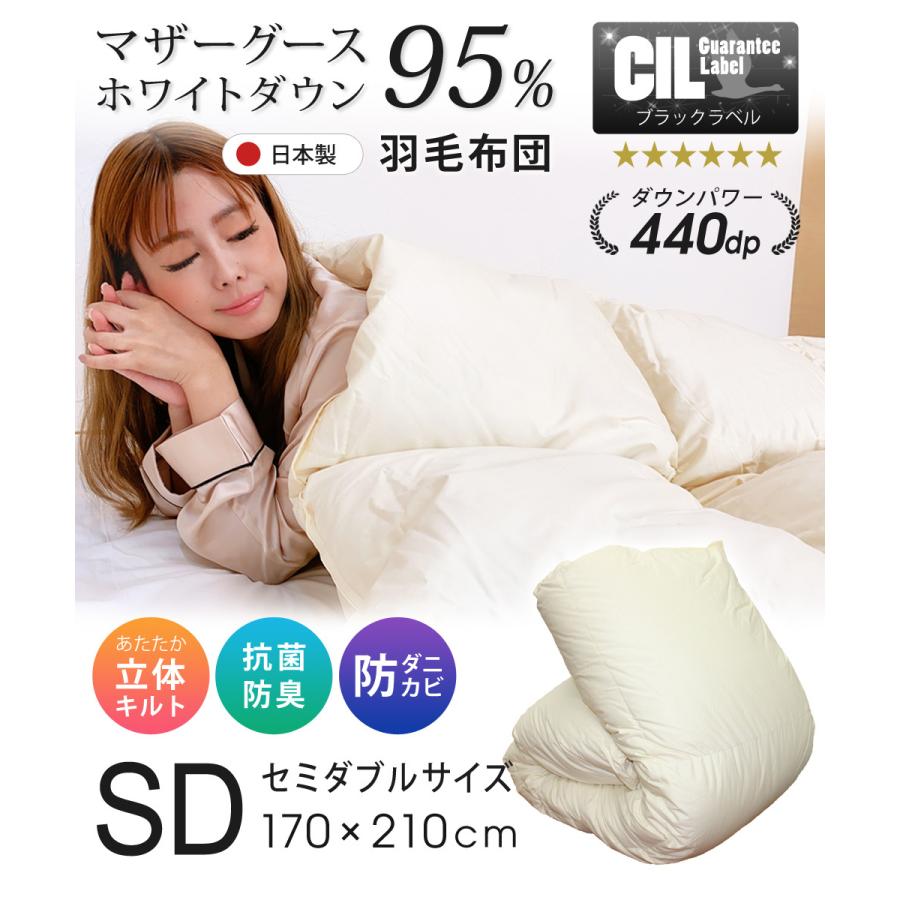 公式 羽毛布団 ホワイトマザーグースダウン 95% 増量1.5kg 440dp 安心の日本製 アレルG加工 秋冬用 無地 抗菌 防臭 セミダブル SunRuck サンルック A784DZの画像