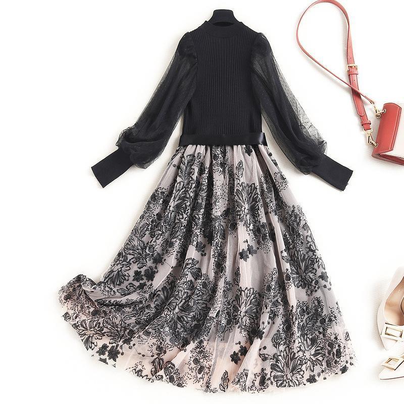 通販激安 ランタンスリーブ ラウンドネック ニット ワンピース 花柄 ニットワンピース リボン 切り替え ワンピース サイズ Xl