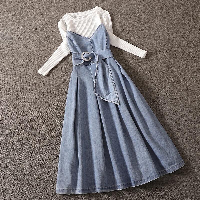 完売 ラウンドネック 長袖 清純甘くて女子力up デニム ラウンドネック 長袖 ウエストリボン 配色 ブラウス ワンピース セットアップ Ichicストア 通販 Yahoo ショッピング 日本製 Www Doctor Plan Com