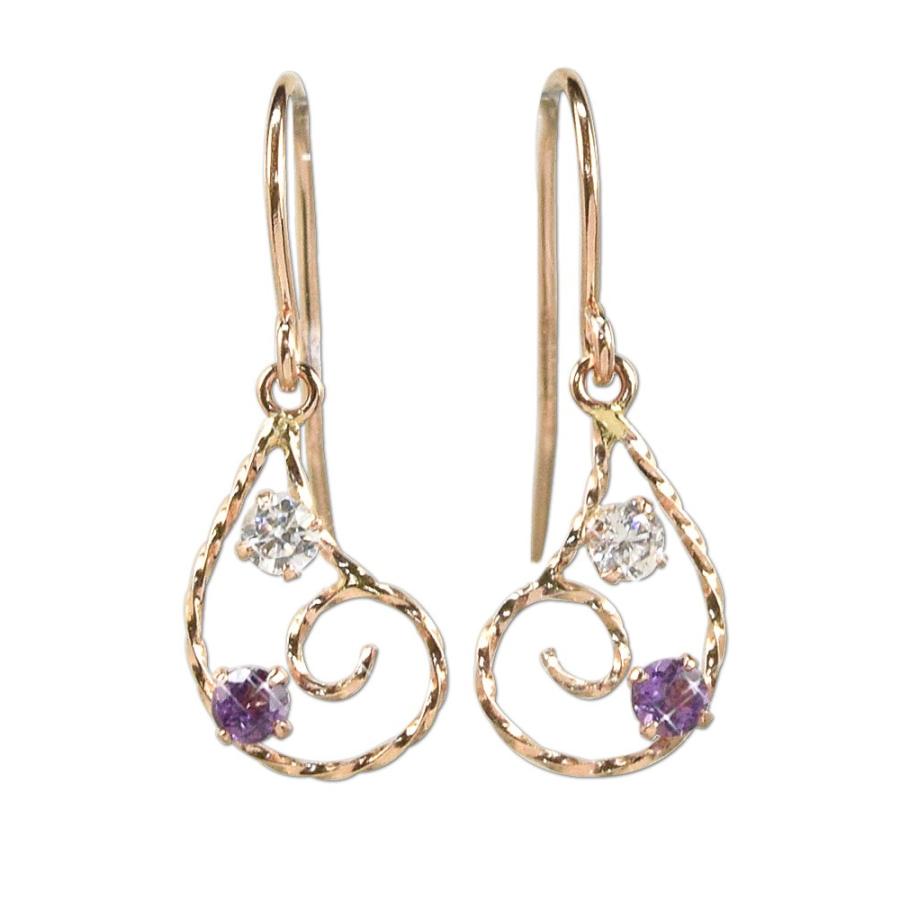 アメジスト フックピアス (両耳ペア) 10金 10k k10 cz ピンクゴールド  