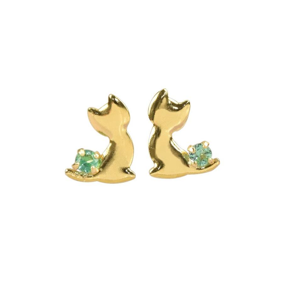 18金 エメラルド 猫 ピアス18k K18 ゴールド 5月 誕生石 ネコ キャット