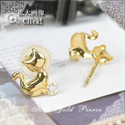 18金 ピアス K18 キュービックジルコニア ゴールド 18k ねこ 猫 ( 誕生