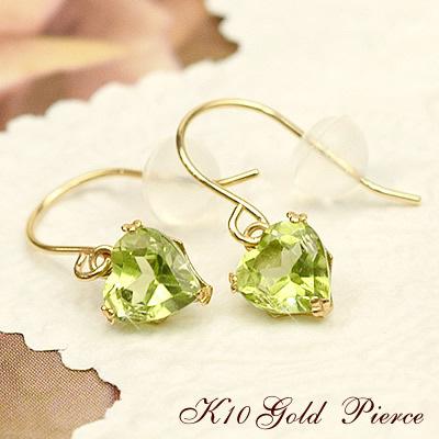 揺れるピアス 10金 ゴールド ペリドット ハート 8月誕生石 シンプル