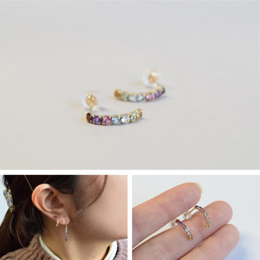 厄除け K10 ゴールド スタッドピアス ハーフフープ 七色 レインボー