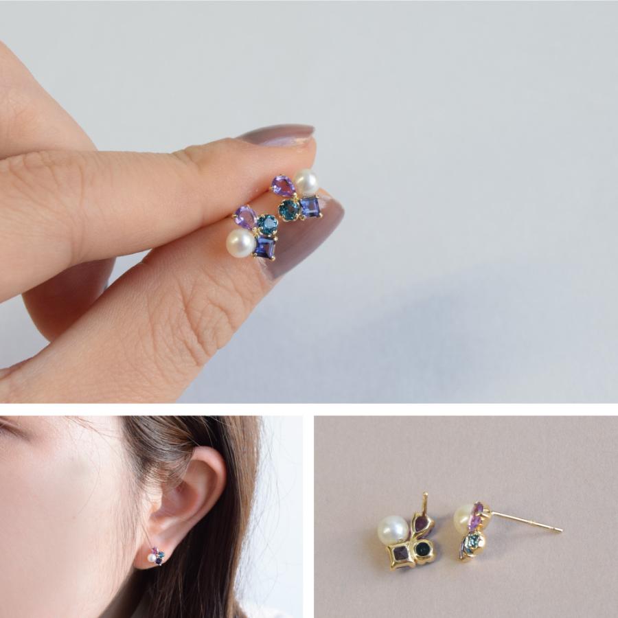18K ピアス 淡水パール アメジスト ロンドンブルートパーズ アイオライト 18金 ゴールド k18 2月 6月 9月 11月 誕生石 ( 誕生日プレゼント 女性 レディース )の画像