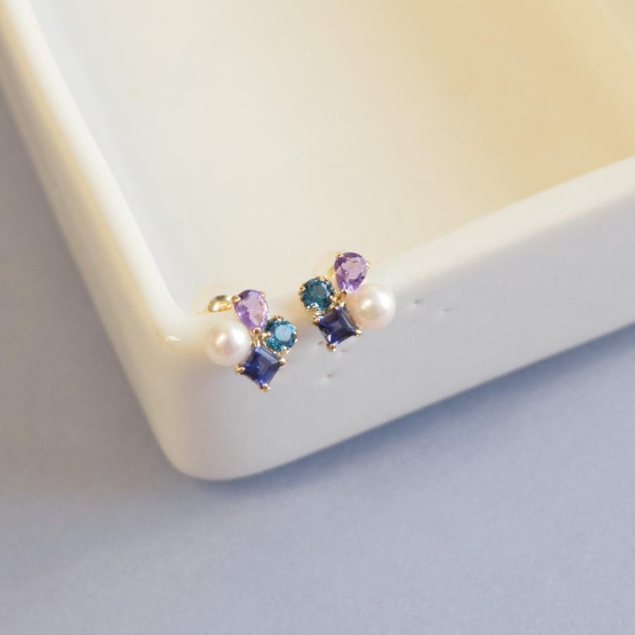 18K ピアス 淡水パール アメジスト ロンドンブルートパーズ アイオライト 18金 ゴールド k18 2月 6月 9月 11月 誕生石 ( 誕生日プレゼント 女性 レディース )の画像