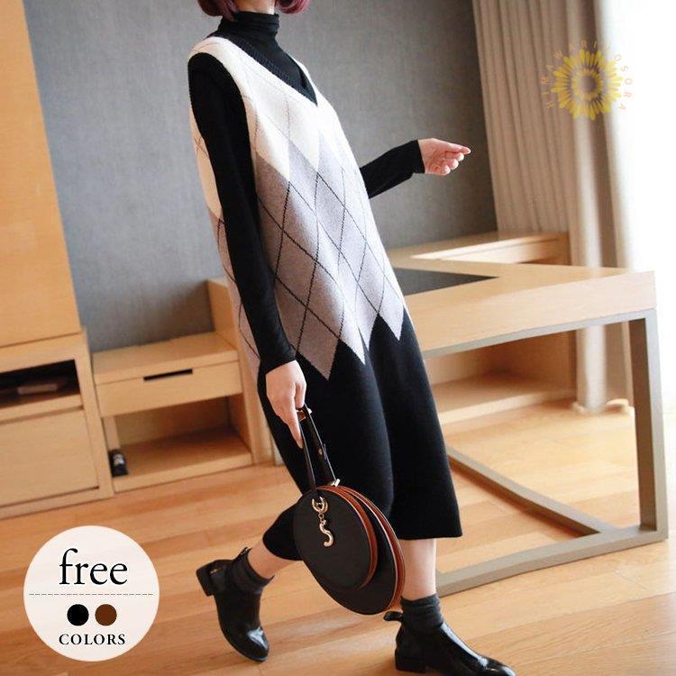 ニットワンピース ワンピース レディース ロング丈 アーガイル 総柄 Vネック フェミニン ブラック ブラウン 休日 美人 リラックス シンプル 女子会 Jx1014 Hdxk94 イチゴのキス 通販 Yahoo ショッピング