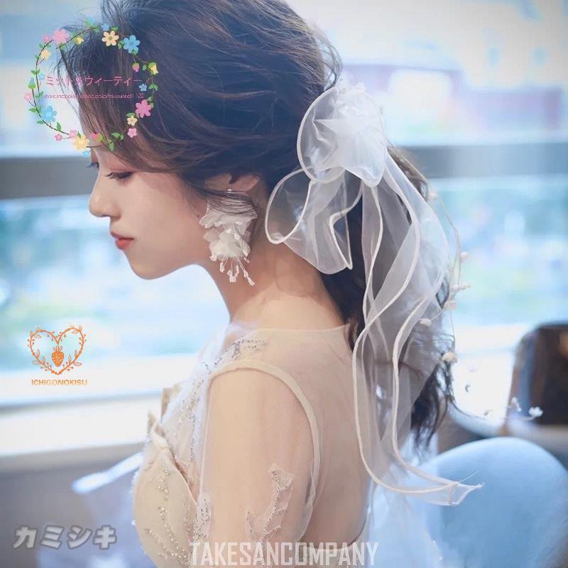 ヘッドドレス ウェディング 髪飾り チュール  リボン ヘアアクセサリー ブライダル 結婚式 成人式 卒業式 リゾート 結婚アクセサリー ウェディングフォト｜ichigonokisu｜02