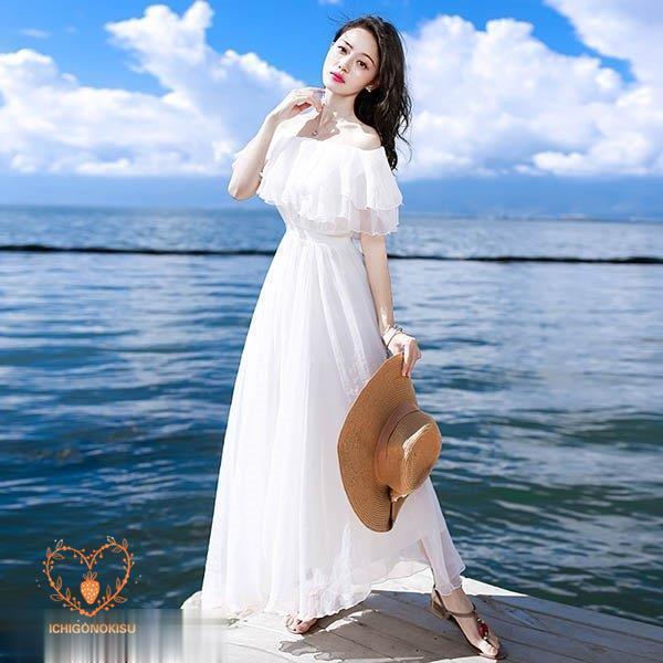 大人可愛い 夏ワンピース 2way オフショルダー ワンピース 白ワンピース ミモレ丈 フリル 夏ワンピ Aライン レディース 旅行 デート Xaw 0422 Lepj4 イチゴのキス 通販 Yahoo ショッピング