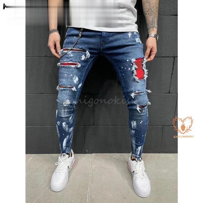ダメージ スキニー ジーンズ メンズ スキニーパンツ パッチワーク