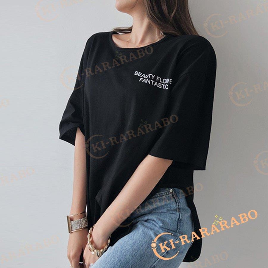 ロングtシャツ レディース ゆったり カットソー サイドスリット tシャツ 英字ロゴ 体型カバー 半袖 春夏 トップス オーバーサイズ｜ichigonokisu｜12