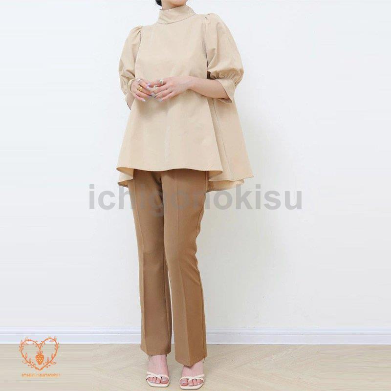 ブラウスレディース半袖おしゃれ パフスリーブノーカラー