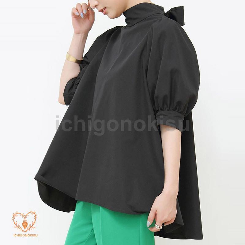 ブラウスレディース半袖おしゃれ パフスリーブノーカラー