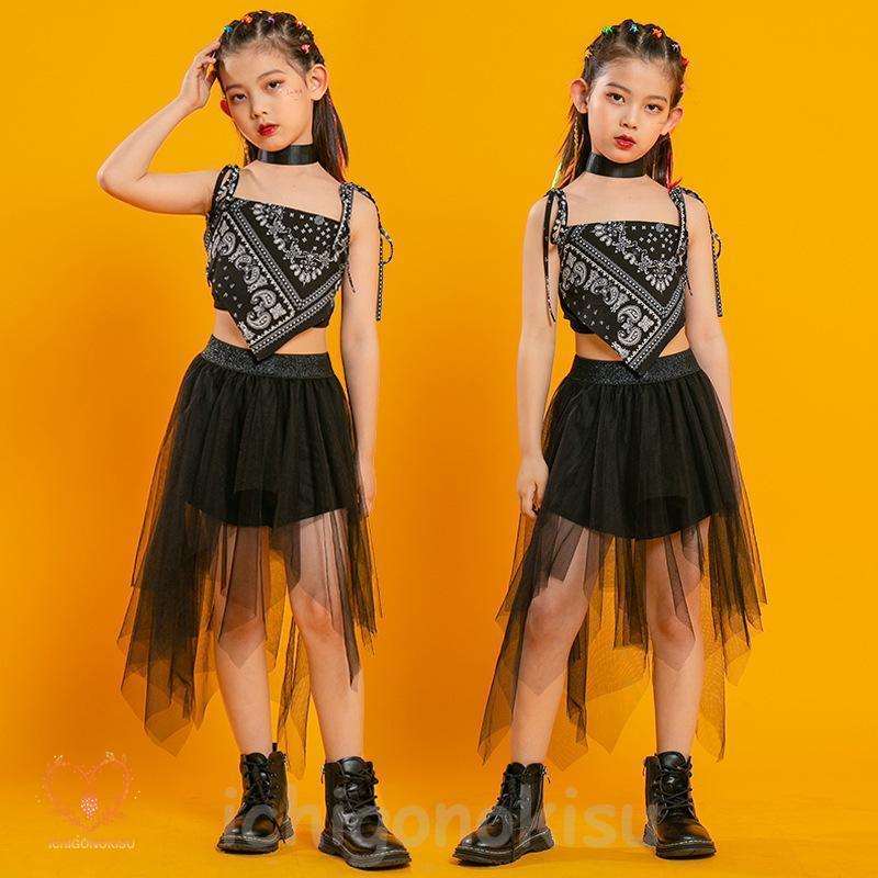 キッズ ダンス 衣装 ダンス衣装 子供 セットアップ ヒップホップ HIPHOP 女の子 半袖 トップス へそ出し パンツ 黒 スカート ステージ衣装 練習着 応援団 体操服｜ichigonokisu｜03