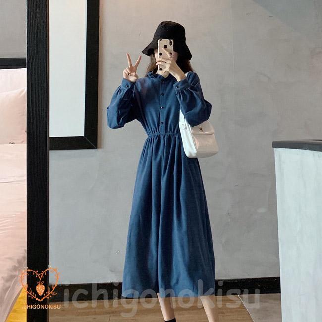 ロングワンピース レディース フレアワンピース 無地 立ち襟 ロングワンピース レディース フレアワンピース 無地 立ち襟