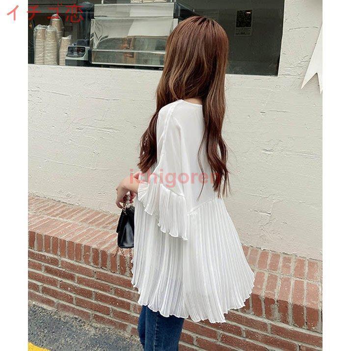 シフォンブラウス シフォンチュニック ブラウス フレア袖 プリーツ