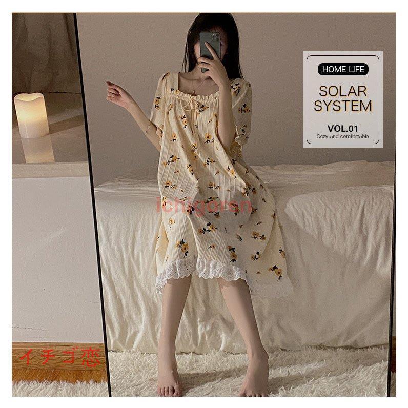 ネグリジェ 夏 半袖ワンピース 花柄 レース ロング丈 リボン ナイト