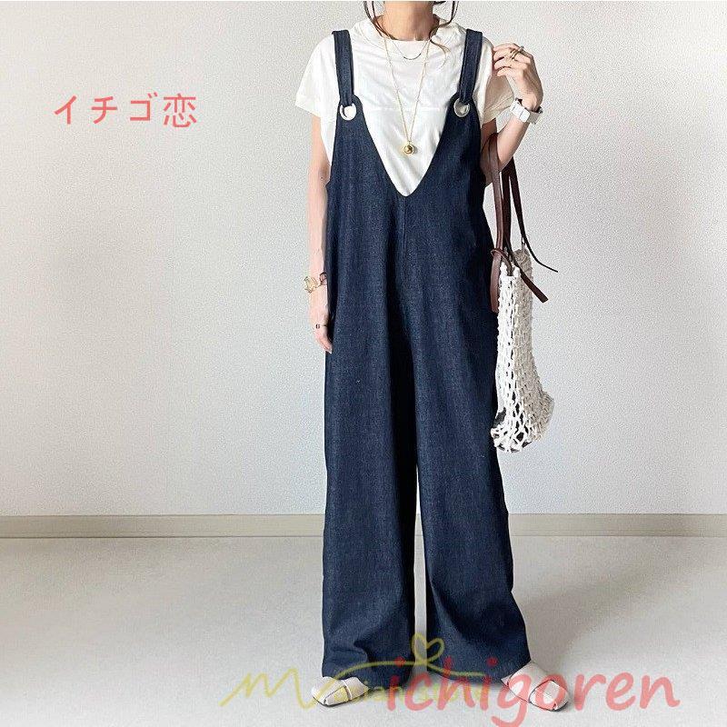 サロペットパンツ デニムパンツ オールインワン 夏服 綿 ワイドパンツ レディース 夏物 ゆったり 無地 調節 可愛い 20代30代 おしゃれ 40代50代 Vネック｜ichigoren｜02