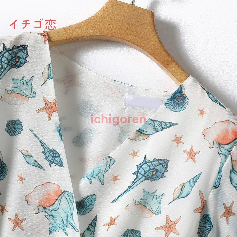 ​【美品】トリーバーチ 総柄チュニックワンピース 貝殻 シェル 紺×水色 0 爆買ワンピース Vネック フレアスリーブ シェル柄 貝殻 フレアワンピ