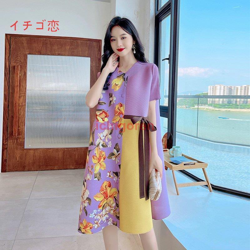 感謝価格 パープル ピンク ネイビー 膝丈ワンピース 半袖 カラフル デザインワンピース ウエストリボン ゆったり 大柄 花柄 ワンピース ブルー モダン ブラック ワンピース カラー ネイビー Campanhas Cnbb Org Br