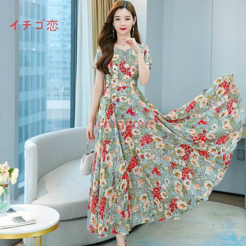 ワンピース フレアスカートワンピース 半袖 半袖ワンピース 花柄 大柄