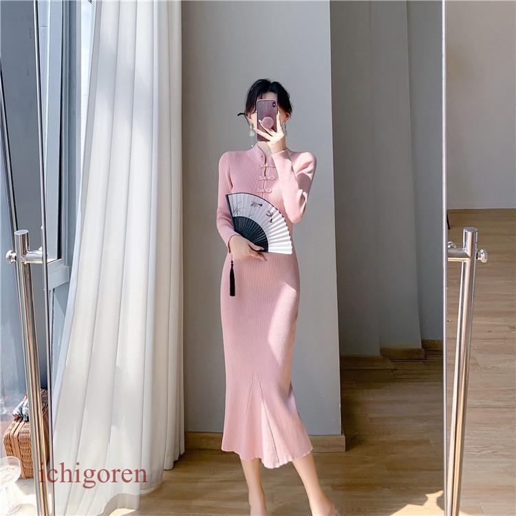 ワンピース 長袖 ニット フリルスカート カジュアル 無地 ミディ ニットワンピース レディース 長袖 チャイナドレス風 ロング丈