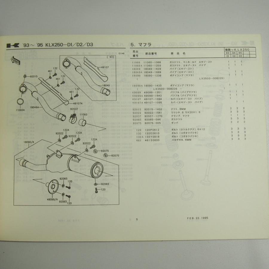 ネコポス送料無料KLX250-D1/KLX250-D2/KLX250-D3パーツリスト改訂