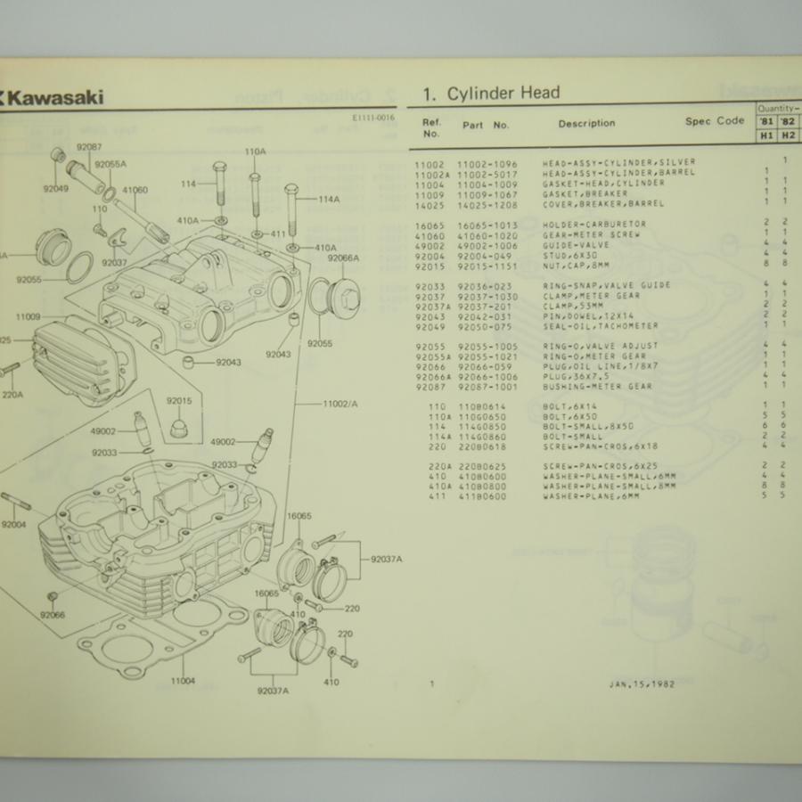 Z250LTDツインZ250-H1/H2パーツリスト昭和57年1月15日発行KZ250H : 壱