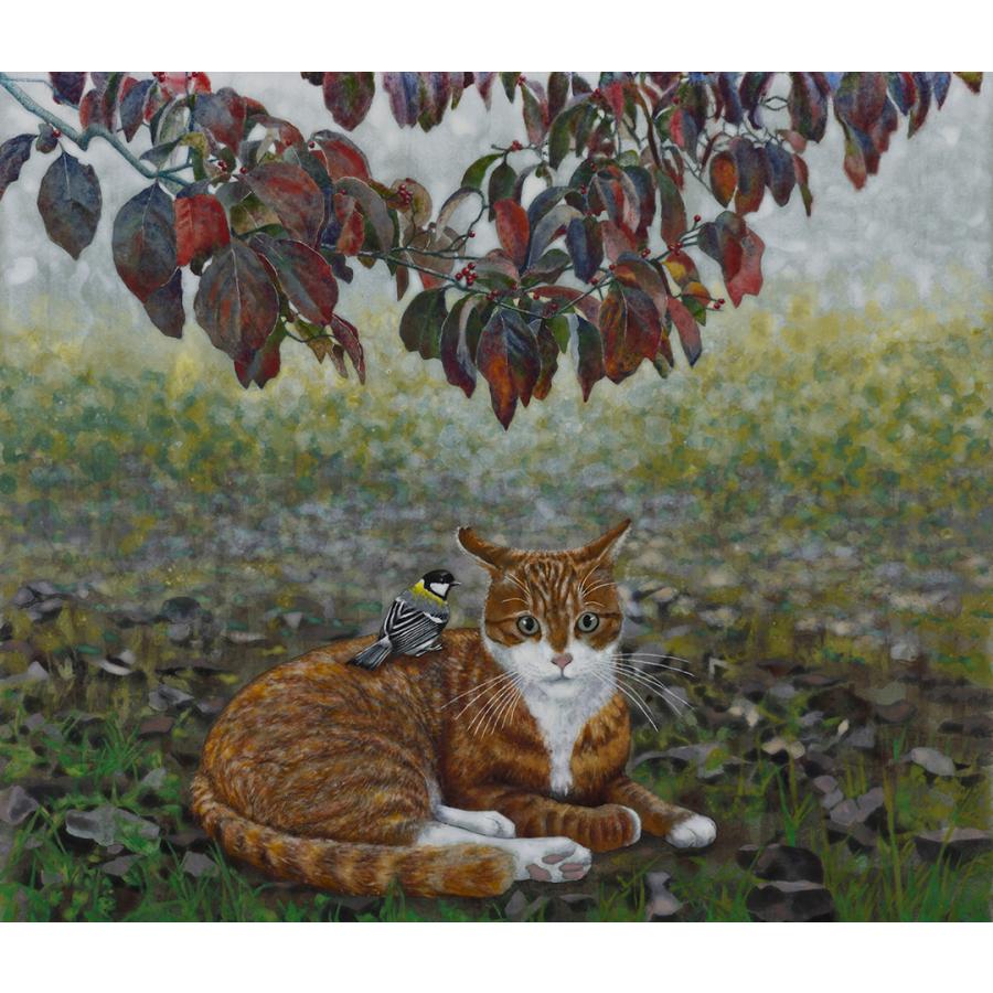 伊土晋平 小鳥と猫 日本画f10号 額付き 日本画