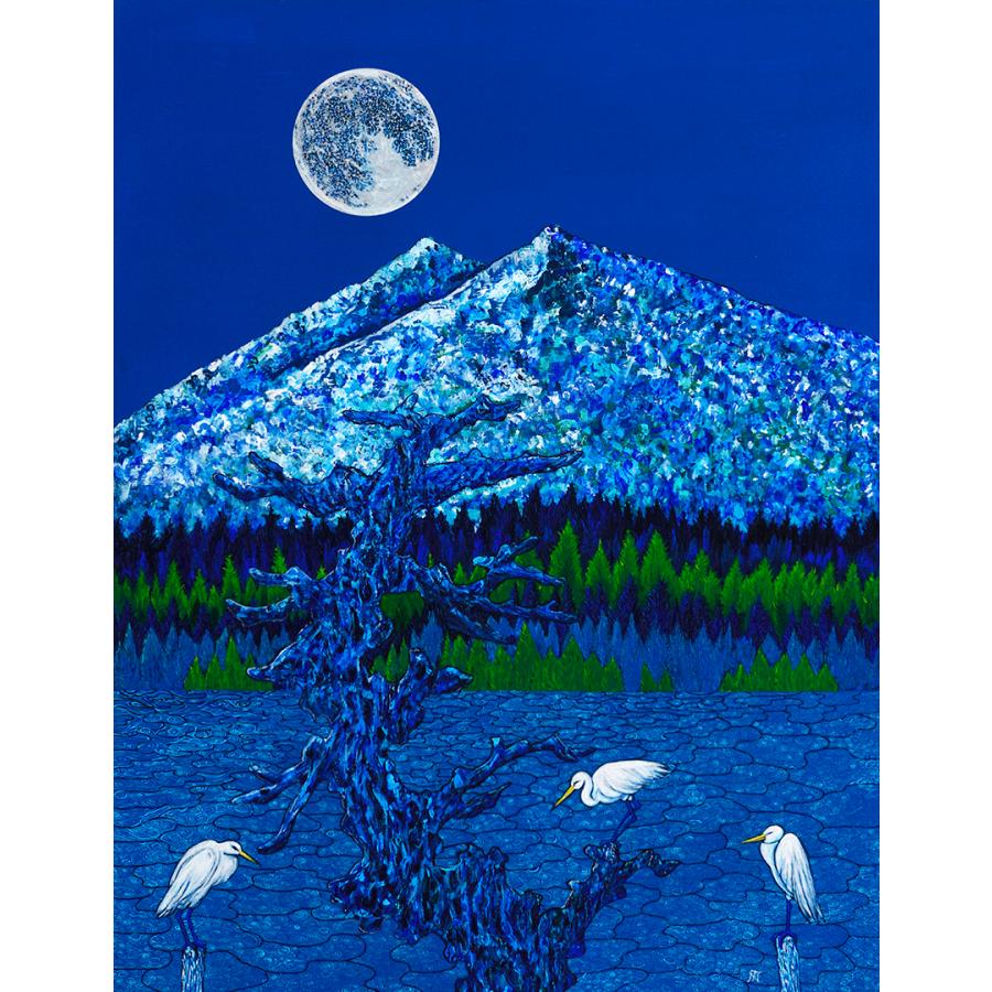 野崎龍雄 「月と筑波山と白鷺」 アクリル・油彩F6号 額付き