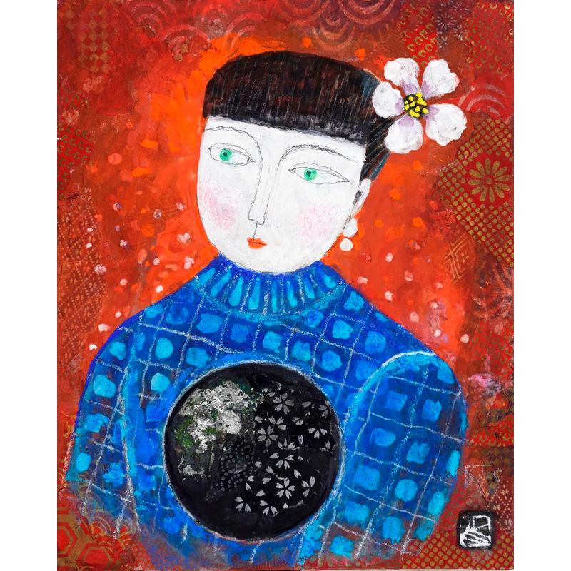 処分価格　香野ルミ子「赤いヴェールの母娘」ガラス絵　優しい眼差し 処分価格 香野ルミ子「赤いヴェールの母娘」ガラス絵 優しい眼差し